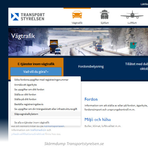 Skärmdump Transportstyrelsen.se meny Släpvagnskalkylatorn